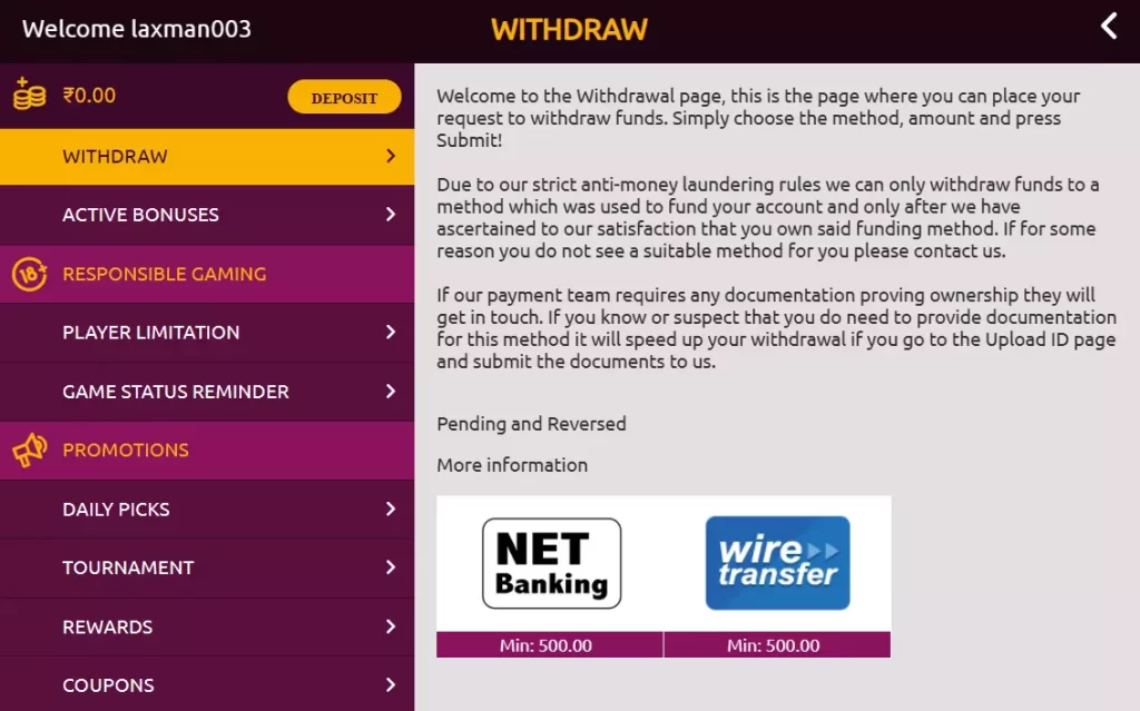 Limited Withdrawal Methods For Players.