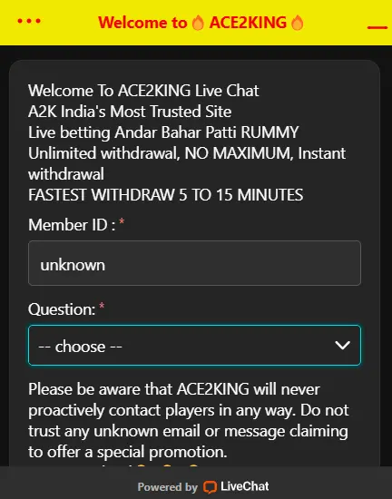 Ace2King Live Chat Support for Players.