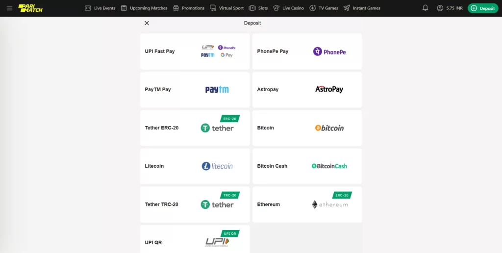 Available methods for deposit on Parimatch Casino.